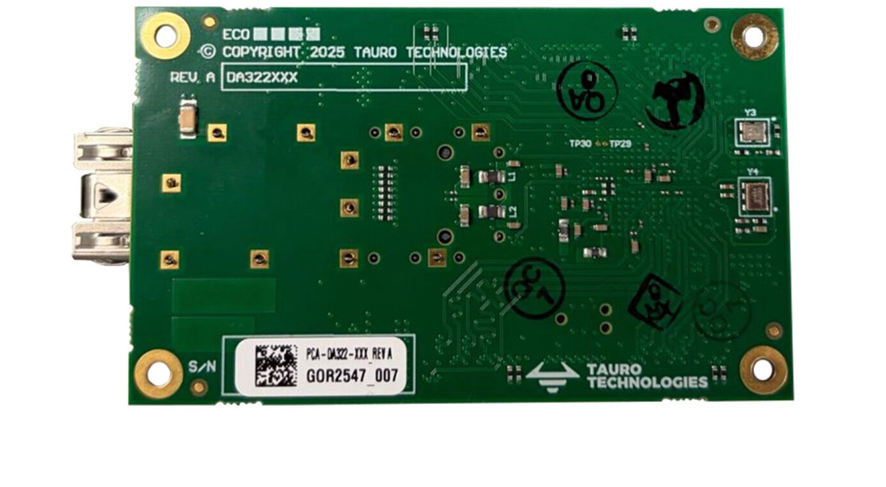 Rear view of the DA322 Holoscan MIPI Adapter circuit board showing solder joints and mounting points.