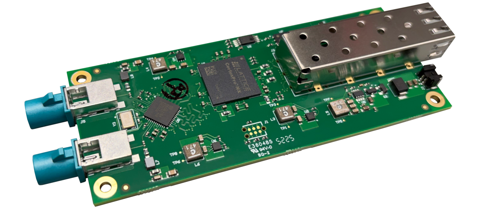 Perspective side view of the DA326 Holoscan GMSL Adapter showing the profile of the SFP cage and GMSL connectors.