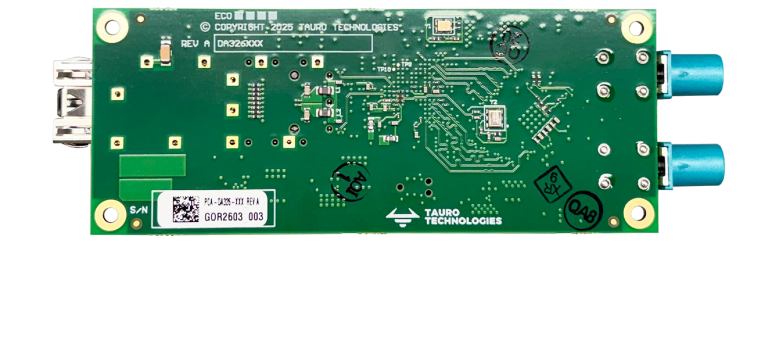 Underside of DA326 Holoscan GMSL Adapter showing high-density interface pins and mounting holes
