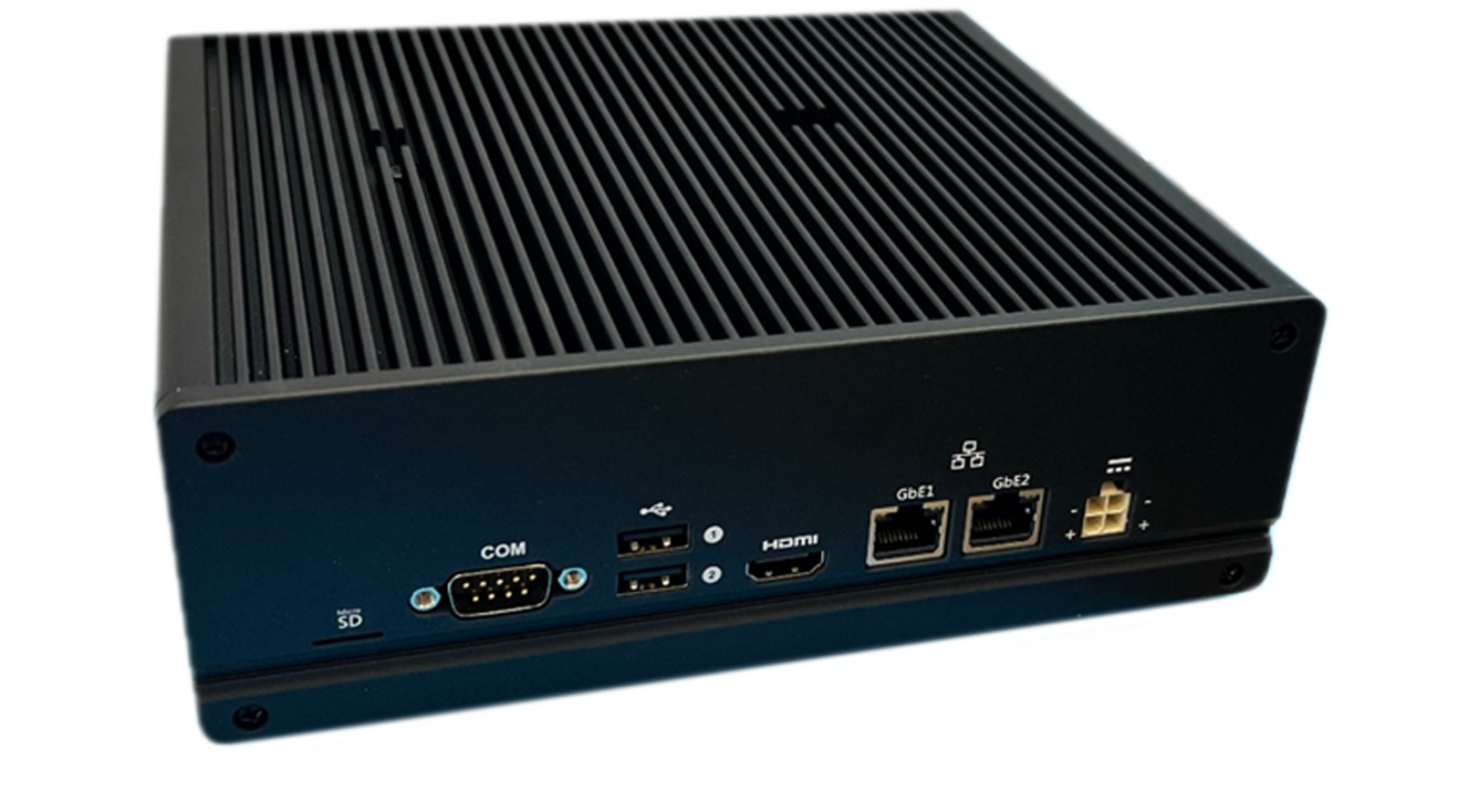 TT360 Edge AI Motherboard in rugged fanless enclosure with dual GbE, HDMI, USB, COM, and Micro SD ports.